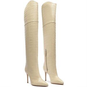 SCHUTZ Maryana Over The Knee OTK Boots Sz 9 Egg Shell Croc Embossed Leather NEW